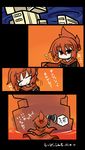  &gt;_&lt; :&lt; =_= axe cape closed_eyes comic eyebrows fang hair_up highres oono_mayu open_mouth pixiv_azriel red_eyes red_hair smile solo translated weapon yanagi_(nurikoboshi) 