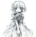  blush cowboy_shot dress flower greyscale hair_ornament hairclip hands_clasped hidamari_sketch looking_at_viewer monochrome non-web_source own_hands_together short_hair simple_background sketch smile solo standing sunflower white_background x_hair_ornament yuno 
