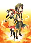  1girl bad_id bad_pixiv_id black_hair black_legwear cyndaquil fire gen_2_pokemon hair_ribbon long_sleeves magic miniskirt one_eye_closed personification pokemon quilava red_eyes ribbon shoes short_hair skirt standing tachitsu_teto thighhighs 