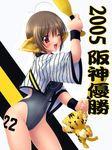  animal_ears baseball_bat cat_ears clothes_writing competition_swimsuit hanshin_tigers ishii_akira nippon_professional_baseball one-piece_swimsuit short_hair solo swimsuit tiger tiger_ears 