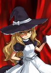  apron black_gloves blonde_hair closed_mouth colored_eyelashes curtains eyelashes face gloves hat heebee kirisame_marisa long_hair smile solo touhou waist_apron witch_hat yellow_eyes 