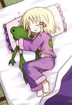  barefoot bed blonde_hair closed_eyes dollar frog lying moriya_suwako on_side pajamas pillow sleeping solo touhou 