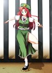  balancing china_dress chinese_clothes dress hat highres hong_meiling long_hair mokku red_hair ribbon solo touhou 