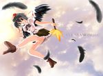  black_hair black_wings feathers flying geta hat looking_at_viewer open_mouth shameimaru_aya short_hair skirt smile solo takepapa tengu-geta touhou wings 