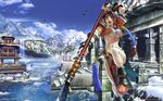  architecture boots breasts bridge east_asian_architecture fighting_stance glaive hanging_bridge headband kawano_takuji large_breasts midriff mountain navel official_art pagoda polearm rainbow scenery seong_mi-na solo soulcalibur spear underboob vambraces wallpaper water weapon 
