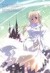  blonde_hair blue_sky building castle cloud day dress highres light_rays long_hair long_sleeves looking_at_viewer mikeou outdoors petals silhouette sky solo standing tropical_honey white_dress 