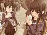  baozi blush cardigan cat closed_eyes eating food multiple_girls original school_uniform serafuku shimano_natsume 