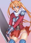  :o ahoge armor bell blue_eyes blue_legwear blush ensis_exorcizans gauntlets hair_ornament huge_weapon kagurazaka_asuna long_hair mahou_sensei_negima! metadora open_mouth orange_hair panties pantyshot pink_panties scarf skirt skirt_lift solo sword thighhighs twintails underwear very_long_hair weapon wind wind_lift 