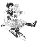  1girl copyright_request couple crown dress frills gothic gothic_lolita greyscale hetero lolita_fashion monochrome rem_(artist) sitting sitting_on_lap sitting_on_person sketch tea twintails 