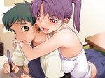  1girl :d arched_back arm_around_neck armpits bangs bare_shoulders bedroom blush breast_press breasts breasts_on_back camisole clenched_teeth denim desk drawing embarrassed eye_contact frills from_side front_to_back furuhashi_chinatsu game_cg green_hair hetero holding hug hug_from_behind indoors jeans kiriyama_taichi lace looking_at_another medium_breasts midriff moroboshi_ryuuichi naughty_face nose_blush open_clothes open_mouth open_shirt pants paper parted_bangs pen ponytail purple_hair raised_eyebrows red_eyes shirt short_ponytail short_sleeves sitting smile sweet_home teeth yellow_eyes 