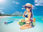  ball beach bikini blue_eyes blue_hair bracelet cloud day hat jewelry koutaro long_hair ocean original outdoors ship side-tie_bikini sky solo swimsuit water water_gun watercraft 