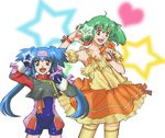  \m/ armpits bad_id bad_pixiv_id blue_hair green_hair hiroto idol klan_klein long_hair macross macross_frontier microphone multiple_girls music pointy_ears ranka_lee ribbon seikan_hikou short_hair singing thighhighs twintails 