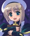  :d beret blush book genshi grimoire hair_ornament hat holding holding_book looking_at_viewer lyrical_nanoha mahou_shoujo_lyrical_nanoha mahou_shoujo_lyrical_nanoha_a's open_mouth short_hair smile solo tareme upper_body x_hair_ornament yagami_hayate 