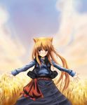  animal_ears brown_hair holo iwapen long_hair pink_eyes solo spice_and_wolf wheat wolf_ears 