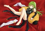  bangs barefoot bed boots c.c. cheese-kun code_geass detached_sleeves feet green_hair karasu_raku long_hair lying orange_eyes pizza_hut solo thigh_boots thighhighs 