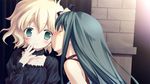  angelina_rocca aqua_eyes aqua_hair belle_(katahane) blonde_hair blush child choker closed_eyes cosplay efa efa_(cosplay) embarrassed fue_(tsuzuku) hair_ribbon katahane kiss long_hair multiple_girls non-web_source ribbon short_hair side_ponytail yuri 