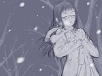  copyright_request glasses long_hair mittens monochrome purple scarf shimano_natsume sketch snow snowing solo 