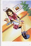  absurdres antenna_hair apple_slice artist_request brown_eyes brown_hair cherry dutch_angle food fruit highres kiwi_slice looking_at_viewer love_hina narusegawa_naru picture_(object) plant red_neckwear scan shiny shiny_skin short_sleeves sitting solo stool 