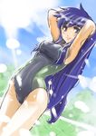  armpits arms_behind_head bad_id bad_pixiv_id blue_eyes blue_hair blush chikuwa_(tks) competition_swimsuit covered_navel ghost_sweeper_mikami himuro_kinu long_hair one-piece_swimsuit solo sunlight swimsuit 
