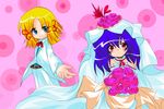  blonde_hair bride buuwa dress formal moriya_suwako multiple_girls pant_suit purple_hair ribbon suit touhou wedding_dress yasaka_kanako 