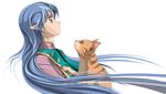  artist_request bangs blue_hair brown_eyes cat circlet diaho frown green_eyes highres holding hug lafiel long_hair looking_up pointy_ears profile seikai_no_senki simple_background solo turtleneck upper_body very_long_hair 