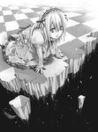  :o barefoot checkered checkered_floor copyright_request crumbling dress feathers gothic_lolita greyscale hairband kneeling lolita_fashion long_sleeves monochrome mou-s perspective ribbon sleeves_past_wrists solo 