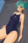  against_wall blush copyright_request green_eyes green_hair nagase_haruhito one-piece_swimsuit ponytail school_swimsuit solo swimsuit 
