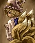  blonde_hair expressionless fox_tail frills from_behind hat hirosato long_sleeves looking_to_the_side mob_cap multiple_tails ofuda pillow_hat profile short_hair solo tail touhou yakumo_ran 