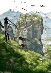  1girl bird copyright_request flock isuzu_(uzushi) landscape mountain nature scenery wind 