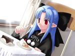  cake chair dining_room dutch_angle eating food fork fruit game_cg half_updo len long_hair melty_blood pastry pointy_ears red_eyes sitting solo strawberry table takeuchi_takashi tsukihime whipped_cream window 