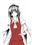  ascot bare_shoulders black_eyes black_hair closed_mouth collar expressionless hair_tubes hakurei_reimu hand_on_hip kajiki long_sleeves looking_at_viewer sidelocks simple_background solo touhou vest white_background 