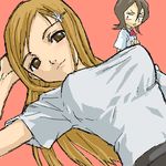  bleach breast_envy breasts brown_eyes covered_nipples inoue_orihime kuchiki_rukia large_breasts long_hair looking_at_breasts lowres lying multiple_girls oekaki orange_hair pink_background shimano_natsume shirt t-shirt taut_clothes taut_shirt 
