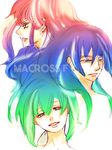  2girls :d bad_id bad_pixiv_id blue_hair blush copyright_name green_hair long_hair lowres macross macross_frontier multiple_girls open_mouth parted_lips ranka_lee red_hair saotome_alto sheryl_nome short_hair sidelocks simple_background smile very_long_hair wacco white_background 