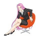  chair chin_rest crossed_legs fate/stay_night fate_(series) formal glasses jacket long_hair lowres non-web_source office_lady pencil_skirt purple_eyes purple_hair rider sitting skirt skirt_suit solo suit very_long_hair 
