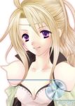  ahoge armor artist_request blonde_hair breasts cape circlet cleavage close-up detached_sleeves final_fantasy final_fantasy_iv flat_chest long_hair lowres purple_eyes rosa_farrell small_breasts smile solo 