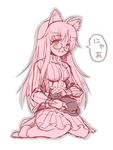  animal_ears cat cat_ears cat_on_lap long_hair looking_at_viewer monochrome nyan original pikazo sitting smile solo wariza 