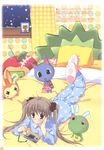  bedroom bouquet_(doubutsu_no_mori) brown_hair doubutsu_no_mori food frog fruit handheld_game_console highres keromi_(doubutsu_no_mori) lilian_(doubutsu_no_mori) long_hair mikeou nintendo_ds pajamas playing_games solo tanukichi_(doubutsu_no_mori) tropical_honey video_game 