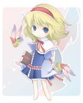  alice_margatroid blonde_hair blue_dress blue_eyes book capelet doll dress flying frills full_body grimoire grimoire_of_alice hairband looking_at_viewer short_hair size_difference solo standing touhou white_capelet yuge_sasatarou 