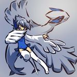  blue_eyes boots costume gen_2_pokemon hitec lugia moemon personification pokemon pokemon_(creature) silver_hair simple_background thigh_boots thighhighs wings 