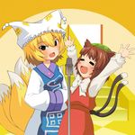  animal_ears blonde_hair brown_hair cat_ears cat_tail chen fox_tail hands_in_opposite_sleeves hat long_sleeves m-1_grand_prix microphone momoda_yasuhito multiple_girls multiple_tails pillow_hat ribbon short_hair tail tassel touhou wide_sleeves yakumo_ran 