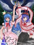  blue_hair blush capelet food frills fruit hat hinanawi_tenshi leaf multiple_girls nagae_iku peach saturday_night_fever shawl touhou yuu_(hi_lite) 