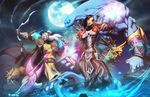  1girl axe battle_axe beast blue_eyes bow_(weapon) breasts elf full_moon gauntlets genzoman glowing hunter_(warcraft) large_breasts magic moon night night_elf pauldrons pointy_ears purple_skin red_eyes voidwalker warcraft warlock_(warcraft) weapon wide_hips world_of_warcraft 
