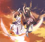 bardiche belt blonde_hair bow cape energy_blade fate_testarossa fingerless_gloves gloves ikawa_waki long_hair lyrical_nanoha magazine_(weapon) magical_girl mahou_shoujo_lyrical_nanoha mahou_shoujo_lyrical_nanoha_a's multiple_girls raising_heart red_bow red_hair shoes short_hair sky takamachi_nanoha thighhighs twintails winged_shoes wings 