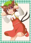  animal_ears bespectacled brown_hair cat_ears cat_tail chen china_dress chinese_clothes dress earrings fang glasses hat jewelry momoda_yasuhito multiple_tails paw_pose red_eyes ribbon short_hair solo tail touhou 