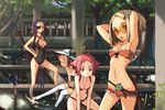  armpits arms_up bikini blonde_hair breasts brown_hair cleavage copyright_request eyepatch glasses hair_ornament hairclip hat long_hair medium_breasts multiple_girls muraji navel one-piece_swimsuit purple_hair red_hair short_hair small_breasts sunglasses swimsuit sword thighhighs water weapon wet 