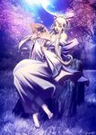  bare_shoulders barefoot blonde_hair blue_eyes braid cherry_blossoms copyright_request fan feet field folding_fan forest genzoman grass japanese_clothes kimono long_hair moon nature night off_shoulder outdoors petals sitting solo tree tree_stump twin_braids 