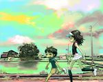  1girl black_legwear brown_hair building child cloud cloudy_sky grass green house kawaguchi_youhei kneehighs miniskirt open_mouth original polka_dot polka_dot_legwear pond power_lines road running scenery shirt shoes shorts skirt sky sneakers t-shirt tree visor_cap 