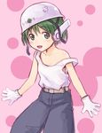  :d belt blush gloves green_eyes green_hair ha-ru hardhat helmet multi open_mouth pants pink_background robot_ears short_hair smile solo strap_slip tank_top to_heart white_gloves 