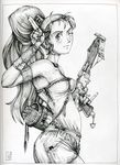  armband arrow artist_request bare_shoulders between_breasts bow_(weapon) bracelet breasts choker chrono_trigger crossbow earrings greyscale jewelry lineart long_hair marle monochrome one_eye_closed pinky_out ponytail solo weapon 