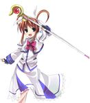  bow fingerless_gloves gloves ikawa_waki left-handed lyrical_nanoha magazine_(weapon) magical_girl mahou_shoujo_lyrical_nanoha mahou_shoujo_lyrical_nanoha_a's purple_eyes raising_heart red_bow red_hair solo takamachi_nanoha twintails 